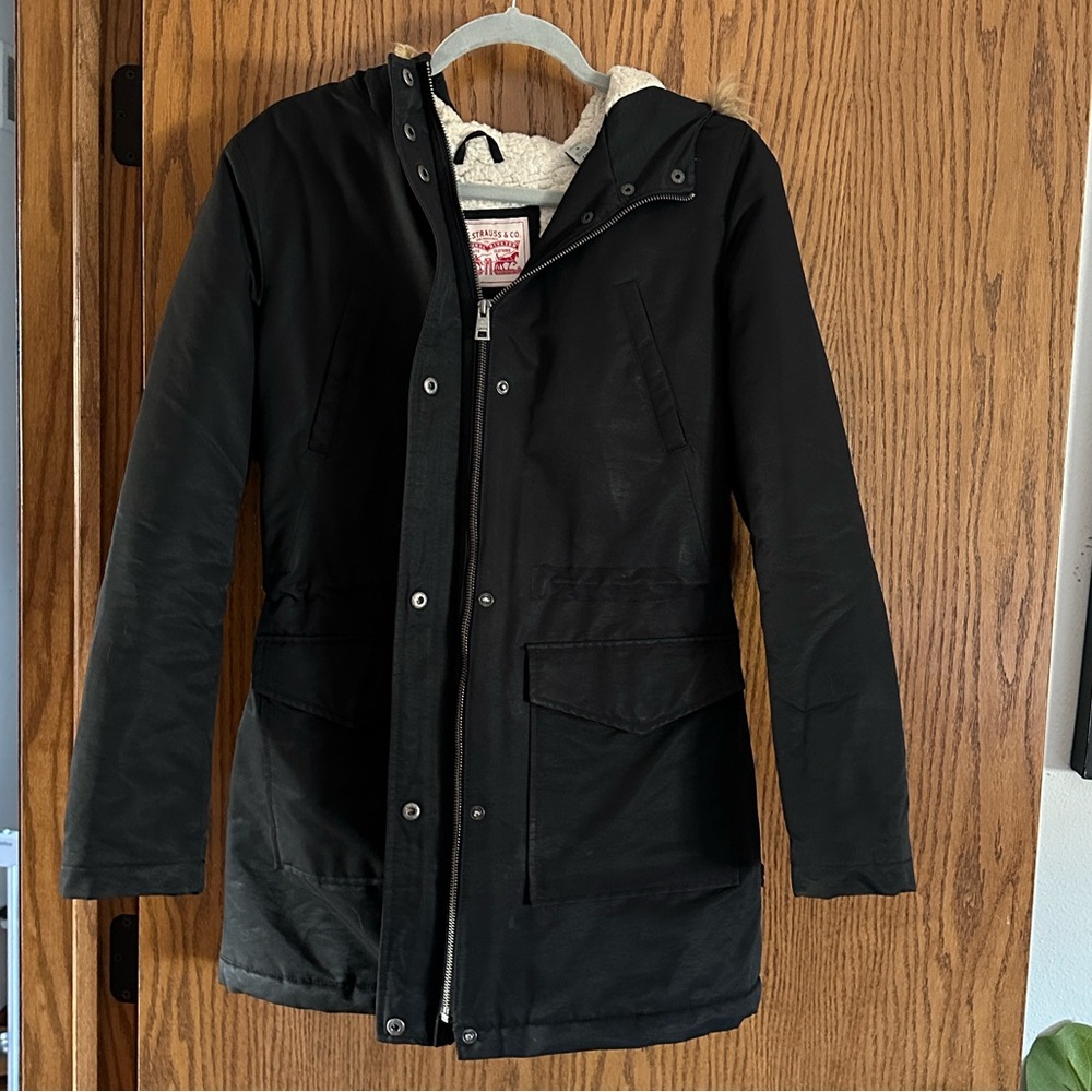 Levi's® Coated Cotton Parka with Sherpa and Faux Fur Hood Black Size S